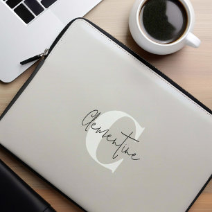Beige Modern Minimalist Monogrammed Laptop Fodral