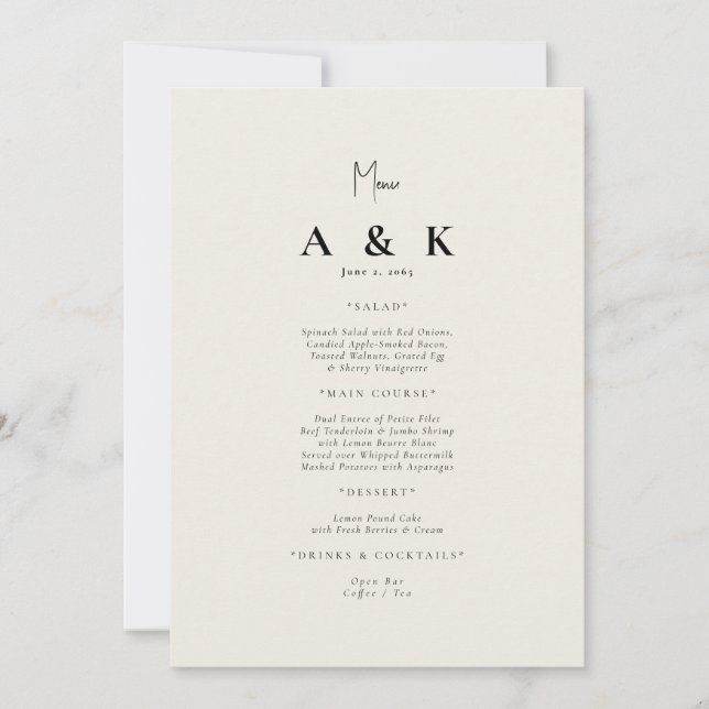 Beige Modern Monogram Bröllop Menu Inbjudningar (Framsida)