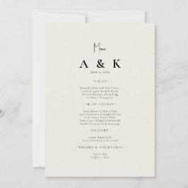 Beige Modern Monogram Bröllop Menu Inbjudningar
