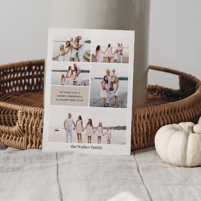 Beige Modern Neutralt 5 Photo Elegant Julkort (Skapare uppladdad)