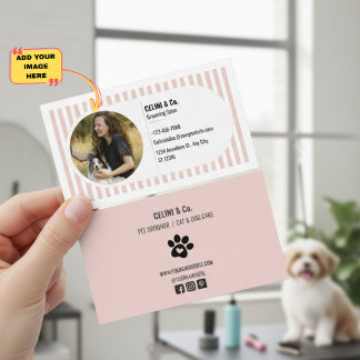 Beige Modern Pet Grooming Business Card with Photo Visitkort