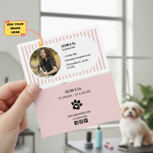Beige Modern Pet Grooming Business Card with Photo Visitkort (Beige Modern Pet Grooming Business Card with Photo, Paw Print and Social Media Details)