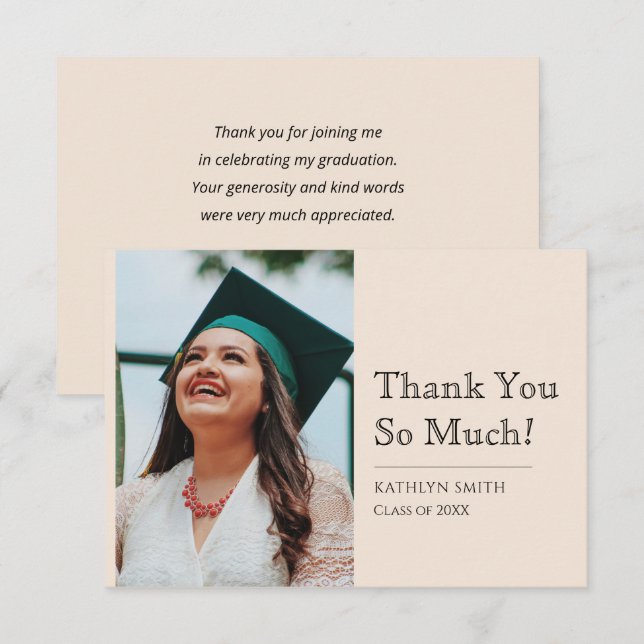 Beige Modern Script Photo Studenten Tack Kort (Fram/baksida)