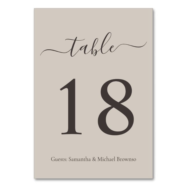 Beige Modern Script Romantiskt Bröllop Bord Nummer Bordsnummer (Framsidan)