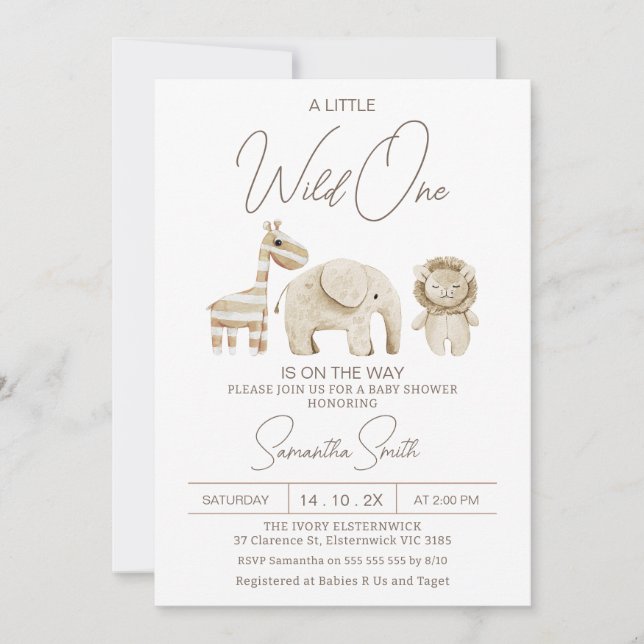 Beige Modern Wild One Safari Baby Shower Inbjudningar (Framsida)