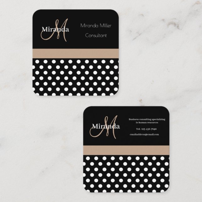 Beige Monogram Black White Polka Dot Fyrkantigt Visitkort (Fram/baksida)
