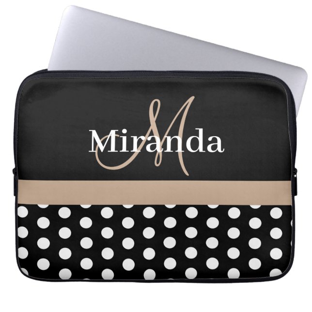 Beige Monogram Black White Polka Dot Laptop Fodral (Framsidan)