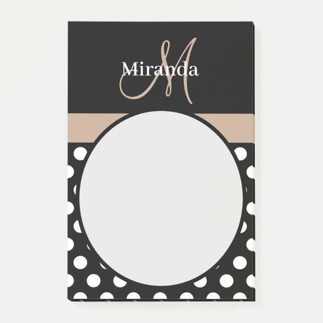 Beige Monogram Black White Polka Dot Post-it Block (Framsida)