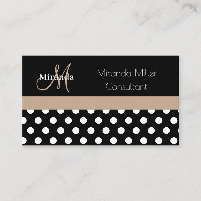Beige Monogram Black White Polka Dot Visitkort (Framsida)