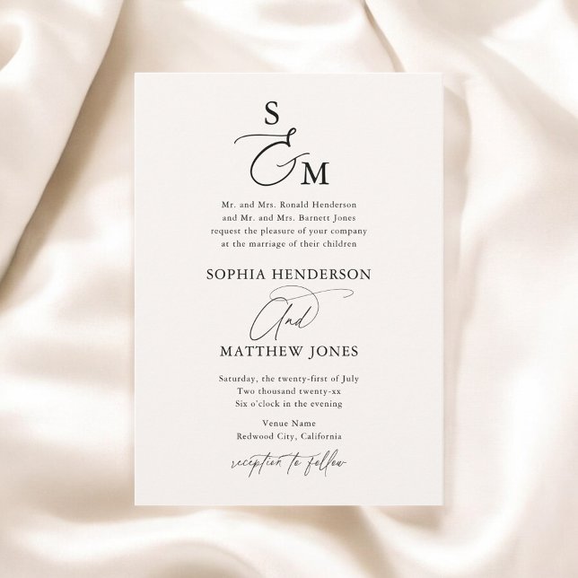 Beige Monogram Calligraphy Formal Bröllop Inbjudningar (Skapare uppladdad)