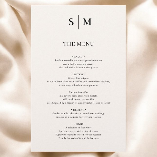 Beige Monogram Elegant Minimalist Bröllop Menu (Skapare uppladdad)