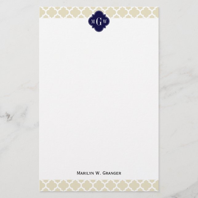 Beige Monogram för marin #5 initial 3 för vit Brevpapper (Framsida)