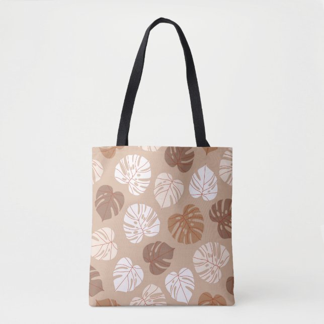 Beige monstera löv sömlöst mönster. Trendig Tygkasse (Framsida)