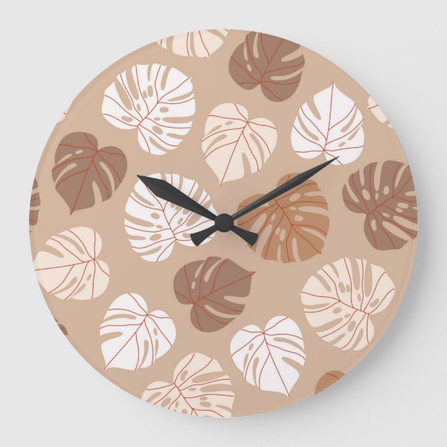 Beige Monstera Löv: Trendig Hand-Drawn Mönster Stor Klocka (Framsida)
