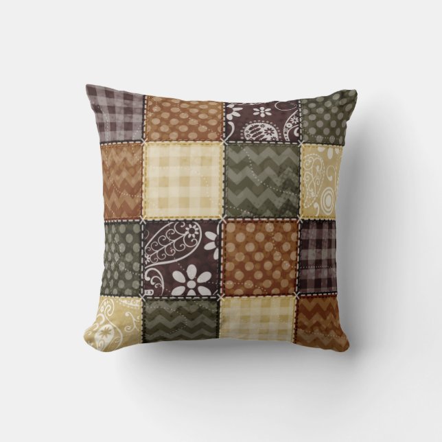 Beige, Mörk Brown och Oliv grönt Quilt-utseende Kudde (Framsida)