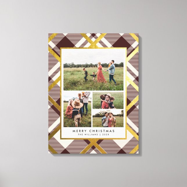 Beige & Mörk Red Tartan 4 Photo Collage jul Canvastryck (Framsida)