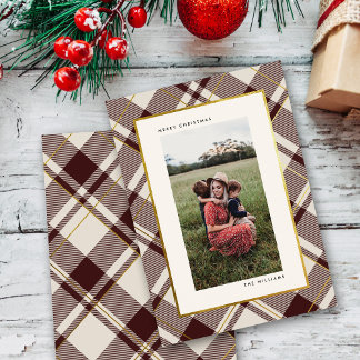 Beige & Mörk Red Tartan God jul Photo Julkort