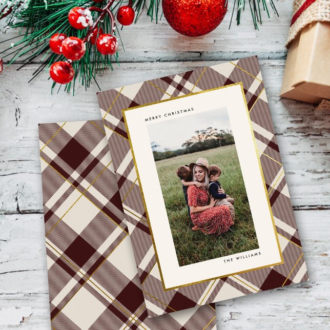 Beige & Mörk Red Tartan God jul Photo Julkort (Skapare uppladdad)