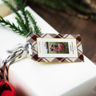 Beige & Mörk Red Tartan Play Photo jul Presentetikett