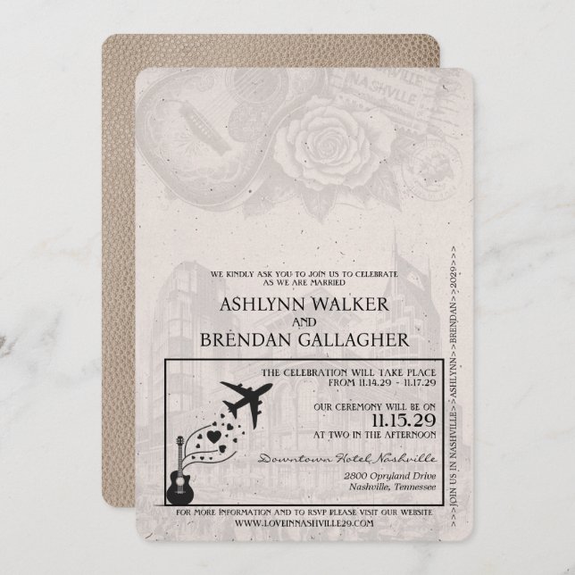 Beige Nashville Passport Wedding bjudande Inbjudningar (Fram/baksida)