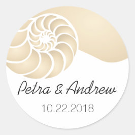 Beige Nautilus Snäcka Beach Wedding Runt Klistermärke