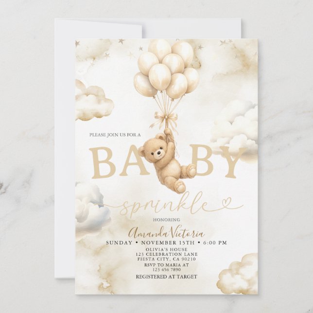 Beige Neutral Bear Cloud Balloon Baby Shower Inbjudningar (Framsida)