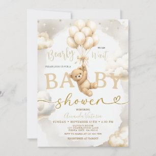 Beige Neutral Björn boho Ballong Bebis Shower Inbjudningar