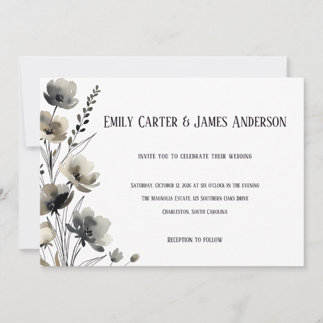 Beige Neutral Floral Wedding Inbjudningar (Framsida)