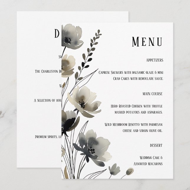 Beige Neutral Floral Wedding Meny (Fram/baksida)