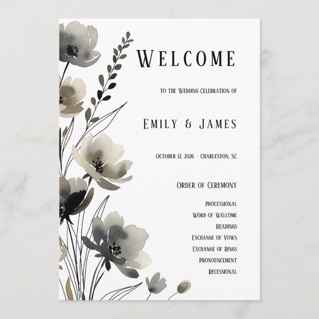 Beige Neutral Floral Wedding Program (Framsida)