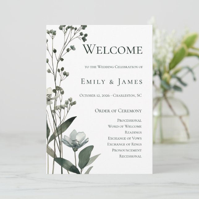 Beige Neutral Floral Wedding Program (Stående Fram)