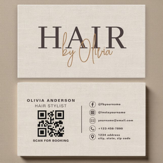 Beige Neutral Linen QR Code Hair Stylist  Visitkort (Skapare uppladdad)