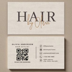 Beige Neutral Linen QR-kod Frisör  Visitkort