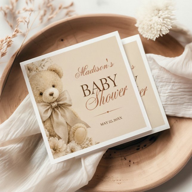 Beige Neutral Nallebjörn Blommig Pappersservett (Skapare uppladdad)