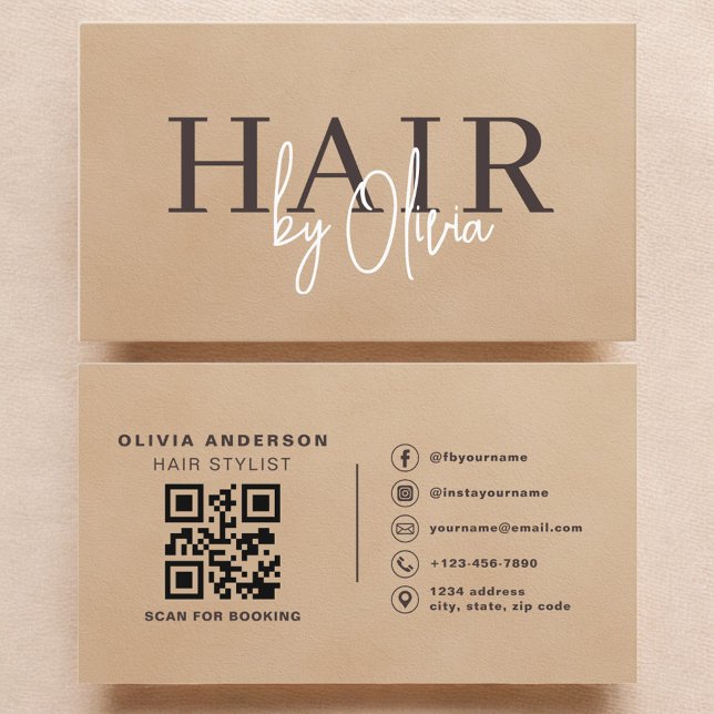Beige Neutral Suede QR Code Hair Stylist  Visitkort (Skapare uppladdad)
