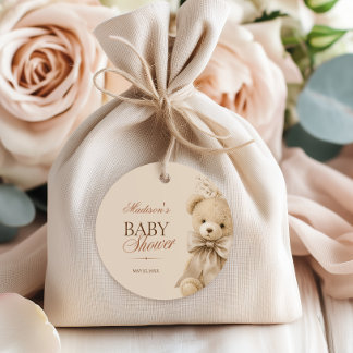 Beige Neutral Teddybjörn Blommig Baby Shower Gåvor Etiketter