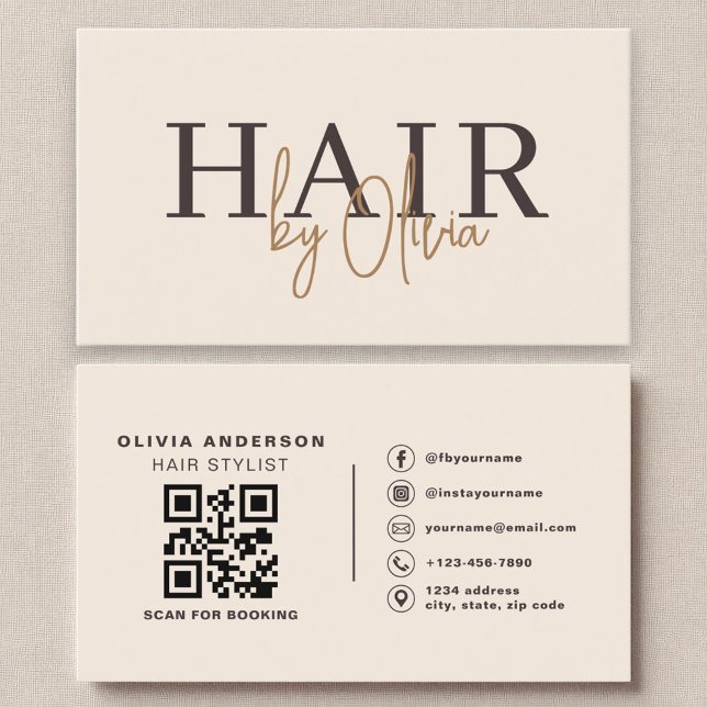 Beige Neutralt QR Code Hair Stylist Modern Visitkort (Skapare uppladdad)