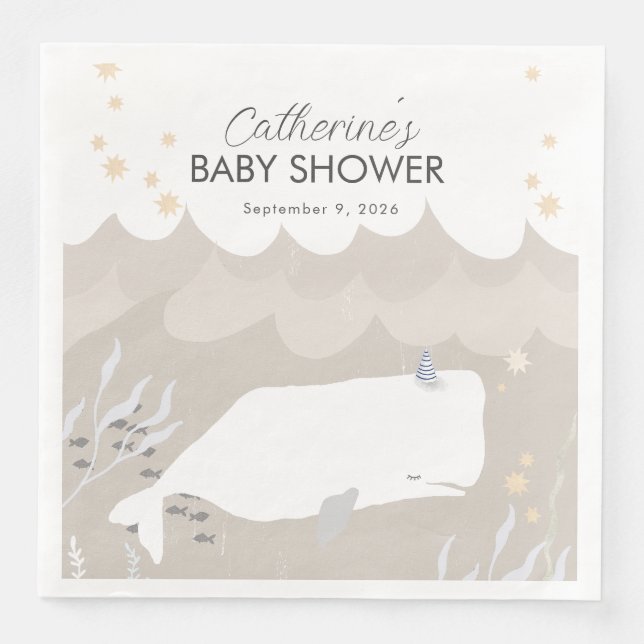 Beige Neutralt White Whale Baby Shower Pappersservett (Framsida)
