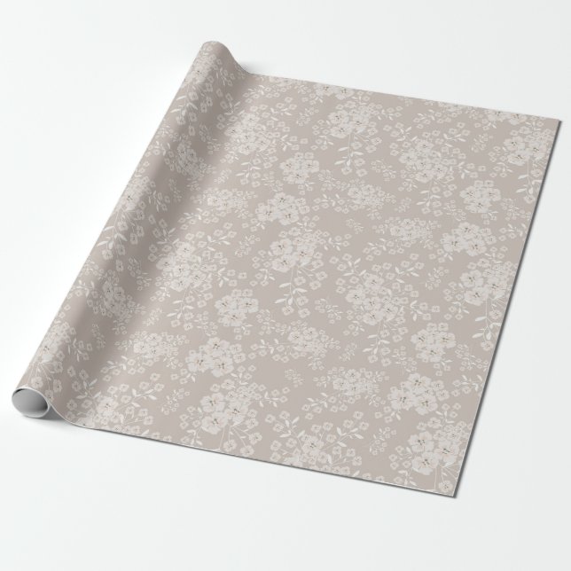 Beige Neutralt WildblommMönster Presentpapper (Utrullad)