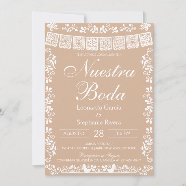 Beige Nuestra Boda Papel Picado Bröllop Inbjudningar (Framsida)