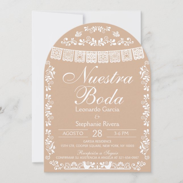 Beige Nuestra Boda Papel Picado Spanish Wedding Inbjudningar (Framsida)