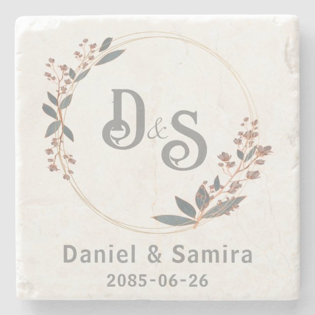 Beige och Blå Blommig Anpassat Namn Elegant Stenunderlägg (Framsidan)