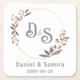 Beige och Blå Blommig Anpassat Namn Elegant Underlägg Papper Kvadrat