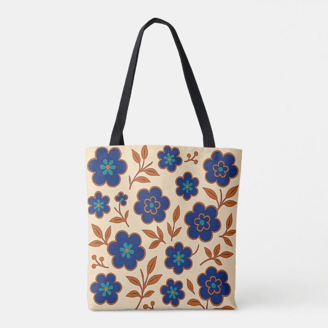 Beige och blå boho blommig handväskor totebag tygkasse (Baksida)