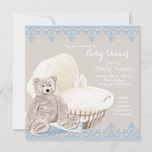 Beige och Blå Teddybjörn Bebis Shower Inbjudningar (Framsida)