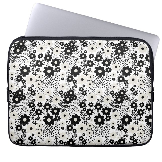 Beige och Black Flowers Laptop Fodral (Framsidan)