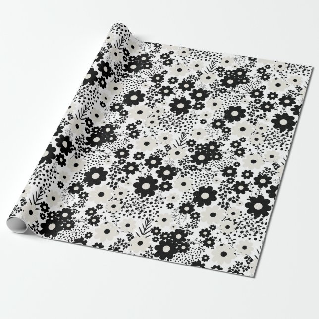 Beige och Black Flowers Presentpapper (Utrullad)