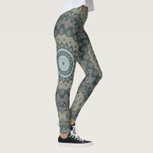 Beige och Blue Grått Mandala Kaleidoscope Medallio Leggings