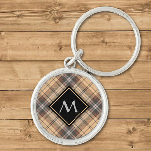 Beige och Brown Tartan Rund Silverfärgad Nyckelring