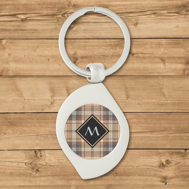 Beige och Brown Tartan Swirl Silverfärgad Nyckelring (Skapare uppladdad)
